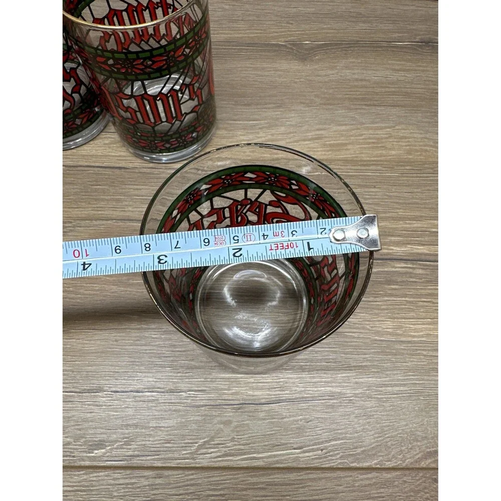 VTG 1970s Houze Seasons Greetings Lowball Glass Stained Glass Pattern Set of 4